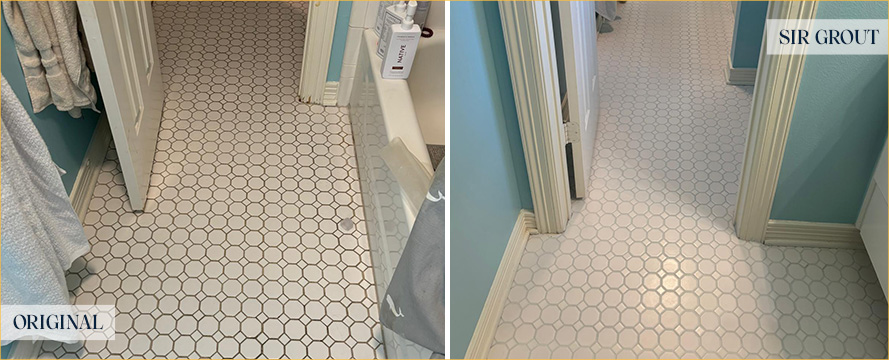 Bathroom Floor Before and After a Flawless Grout Cleaning in Dallas, TX