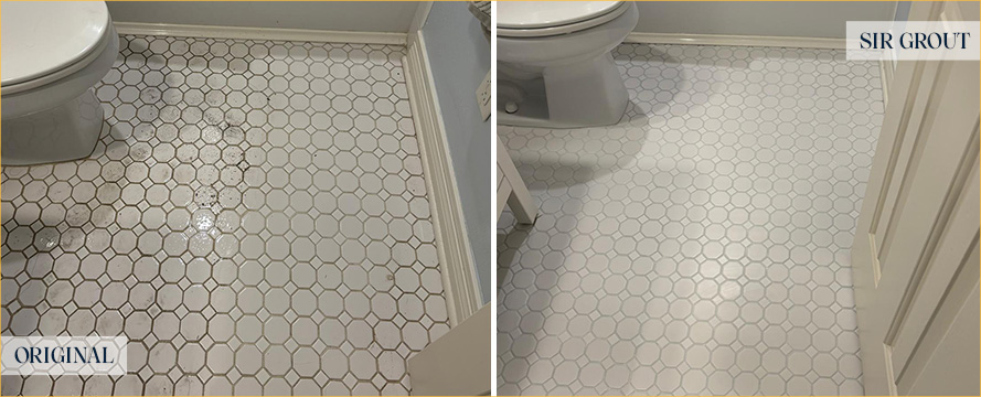 Bathroom Floor Before and After a Grout Cleaning in Dallas, TX