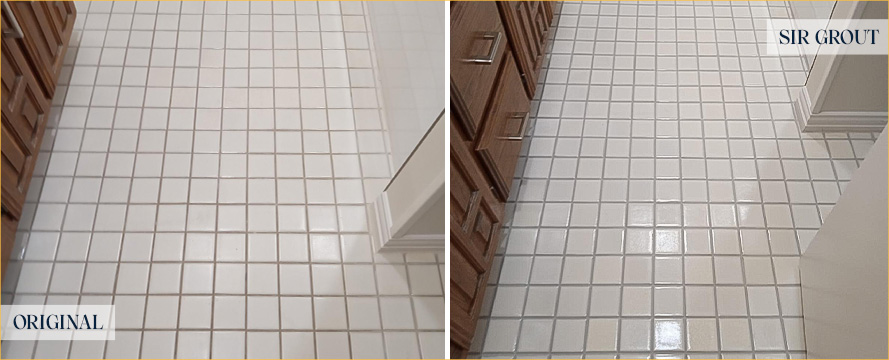 Bathroom Floor Before and After a Grout Recoloring in Dallas, TX